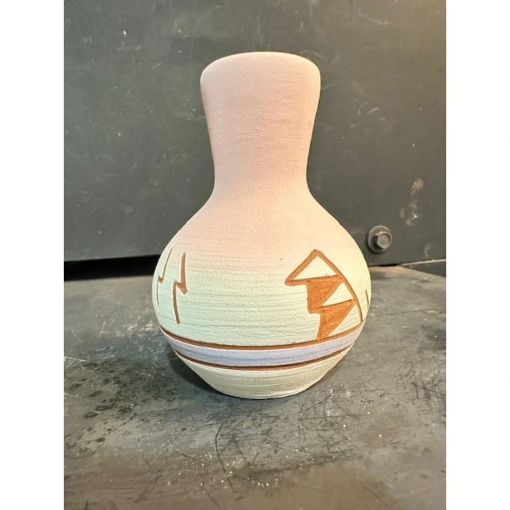 Sun Fox Southwestern Pottery Bud Vase Hand Etched Pink Yellow Geometric 4.5 Inch